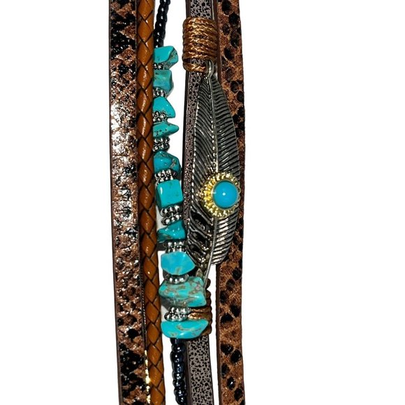Southwest Style Costume Jewelry Magnetic Bracelet Blue Brown Stones Feather - Picture 6 of 6